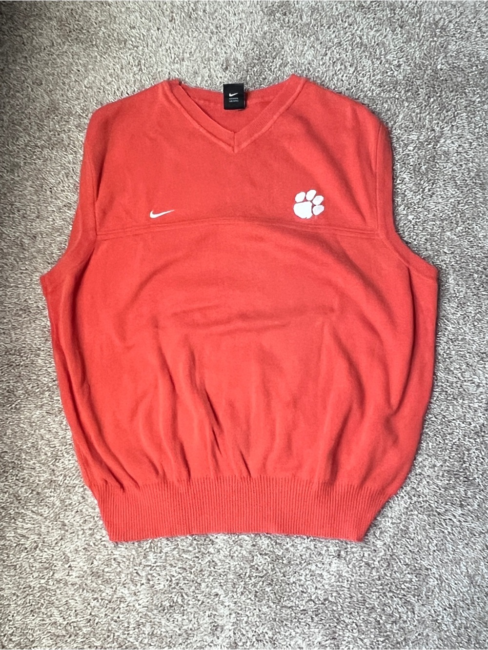 Clemson Nike Men’s Coral Red V-Neck Sleeveless Knit Sweater Vest with Paw Patch